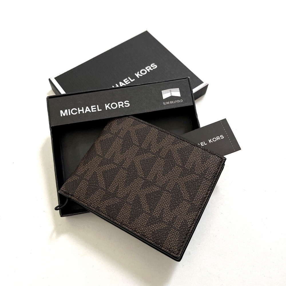 2pc MICHAEL KORS Slim Billfold Wallet Set Black Gray / Brown Logo Boxed Gift NWT - Picture 3 of 13